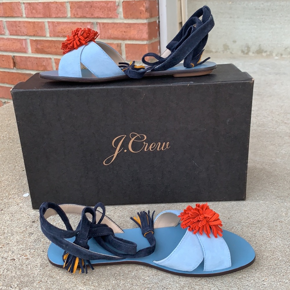 J Crew suede Pom Pom lace up sandals